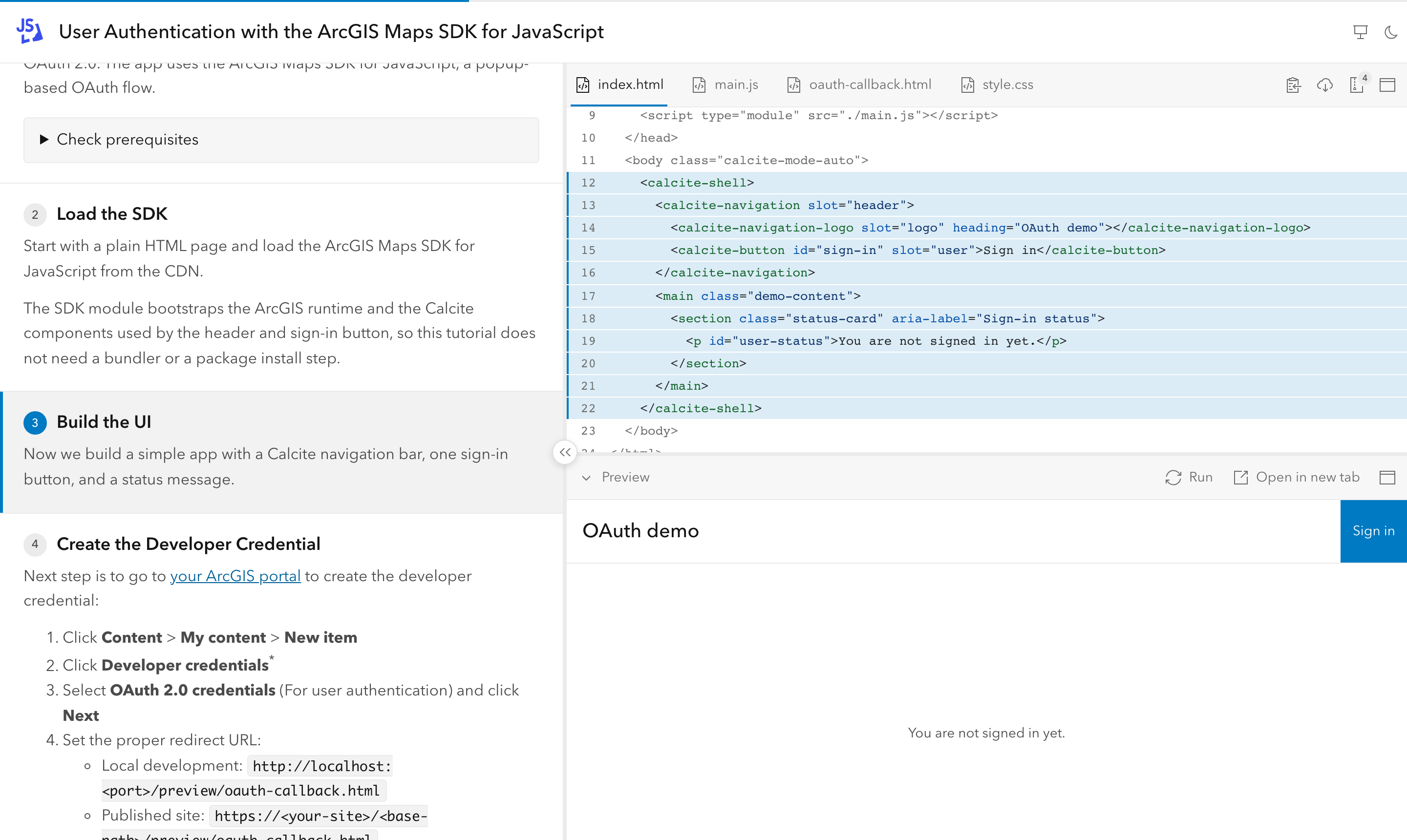 The OAuth PKCE tutorial: highlighted HTML and the running app in the Preview pane.